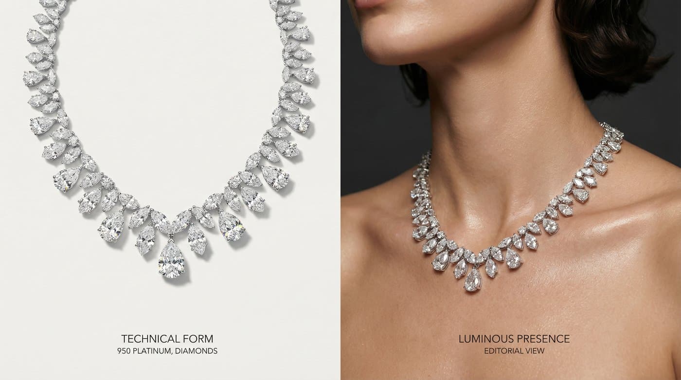 A comparison of a raw jewelry photo versus an AI-generated on-model result showing high realism