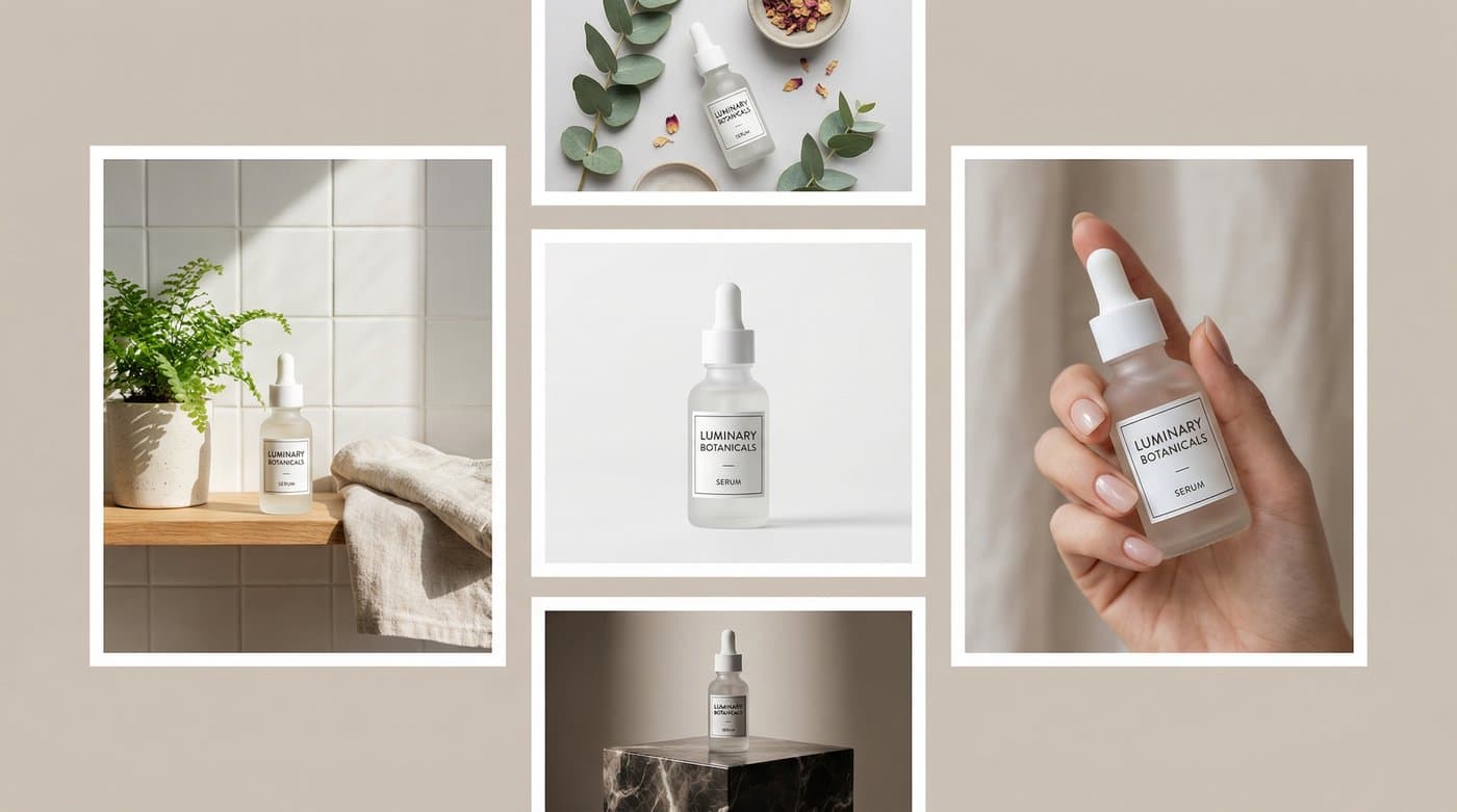 A collage showing a single product transformed into five different professional scenes using Photta's workflows.