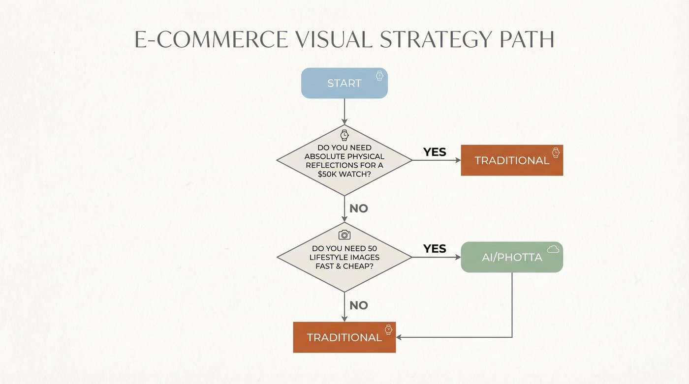 A flowchart graphic helping users decide between traditional and AI photography based on budget, speed, and product type.