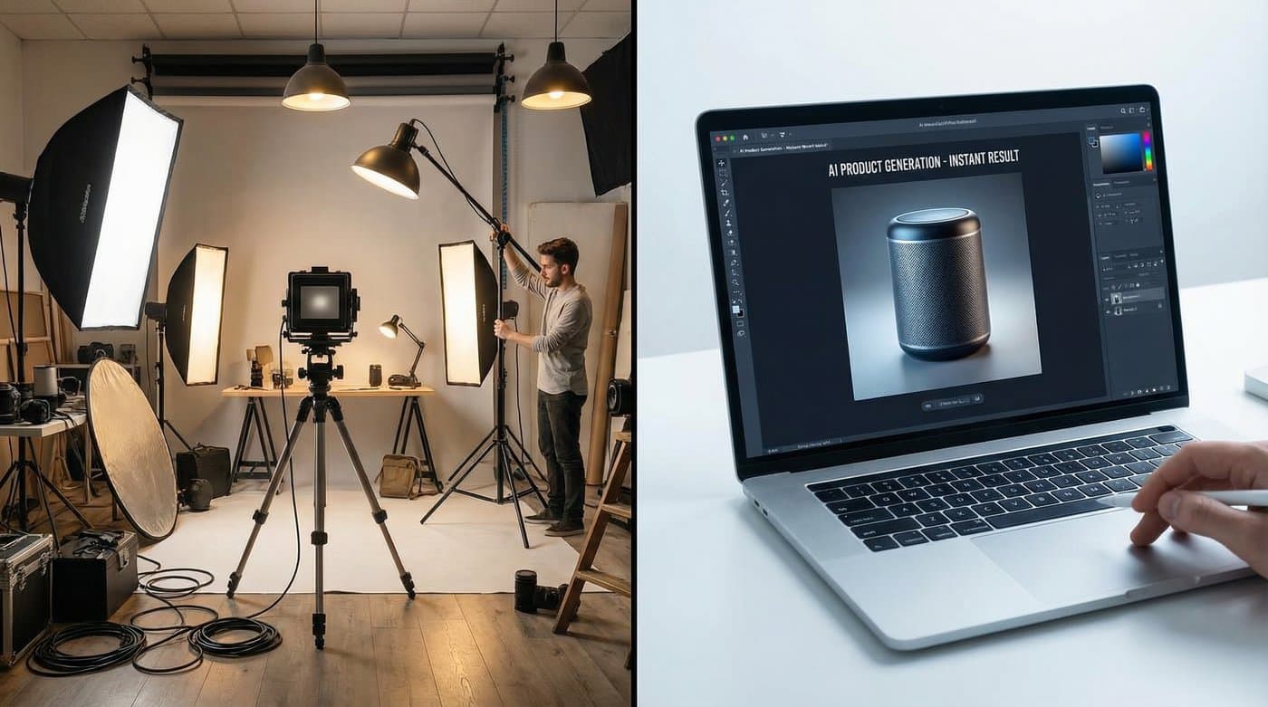 A side-by-side visual comparing a complex physical camera setup with a clean, modern software interface.