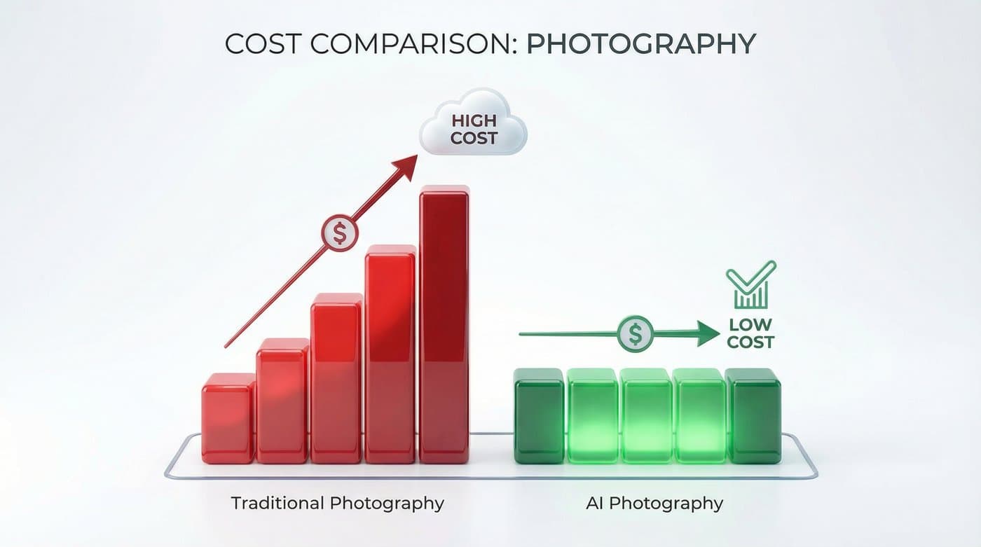 A graph showing the exponential cost of traditional photography versus the flat, scalable cost of AI photography.