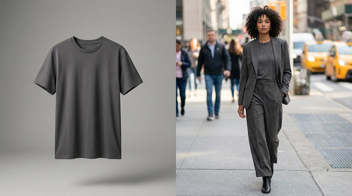 A split screen showing a standard ghost mannequin t-shirt on the left, and the same shirt worn by a hyper-realistic AI model on the right.