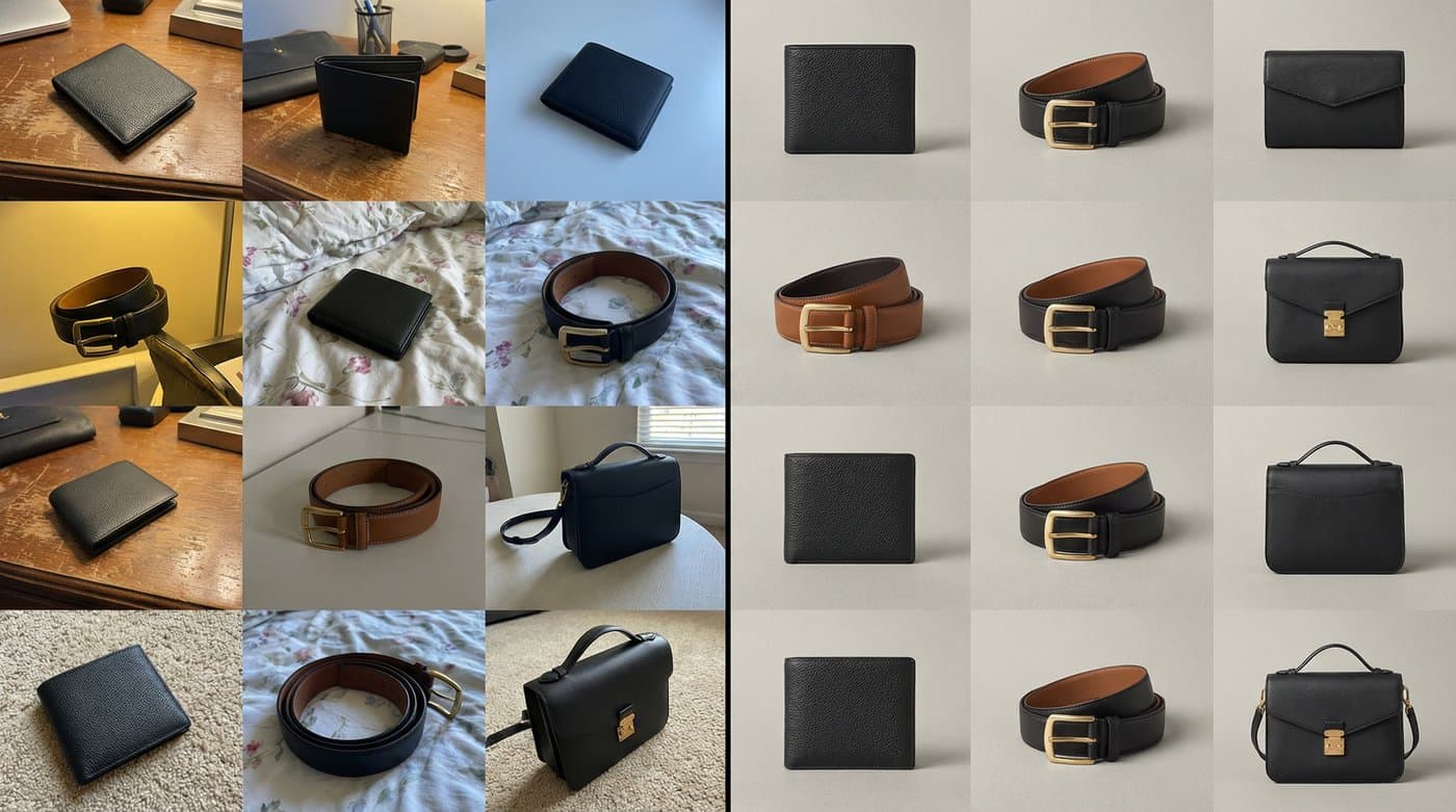 A comparison showing inconsistent lighting vs. a unified AI-generated product grid