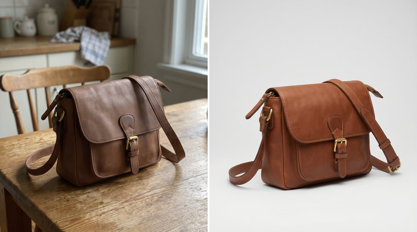 A side by side comparison showing a plain phone photo of a product next to a polished AI studio version
