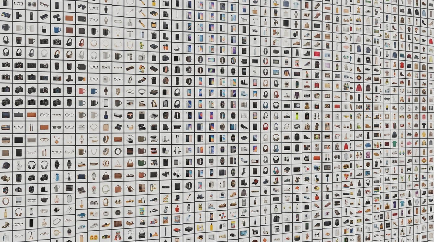 A large grid wall of AI-generated product photos conveying scale